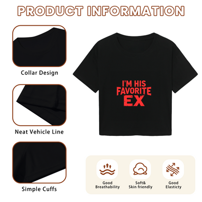 Edgy Distressed Black Crop Top With I¡¯M HIS FAVORITE EX Red Text