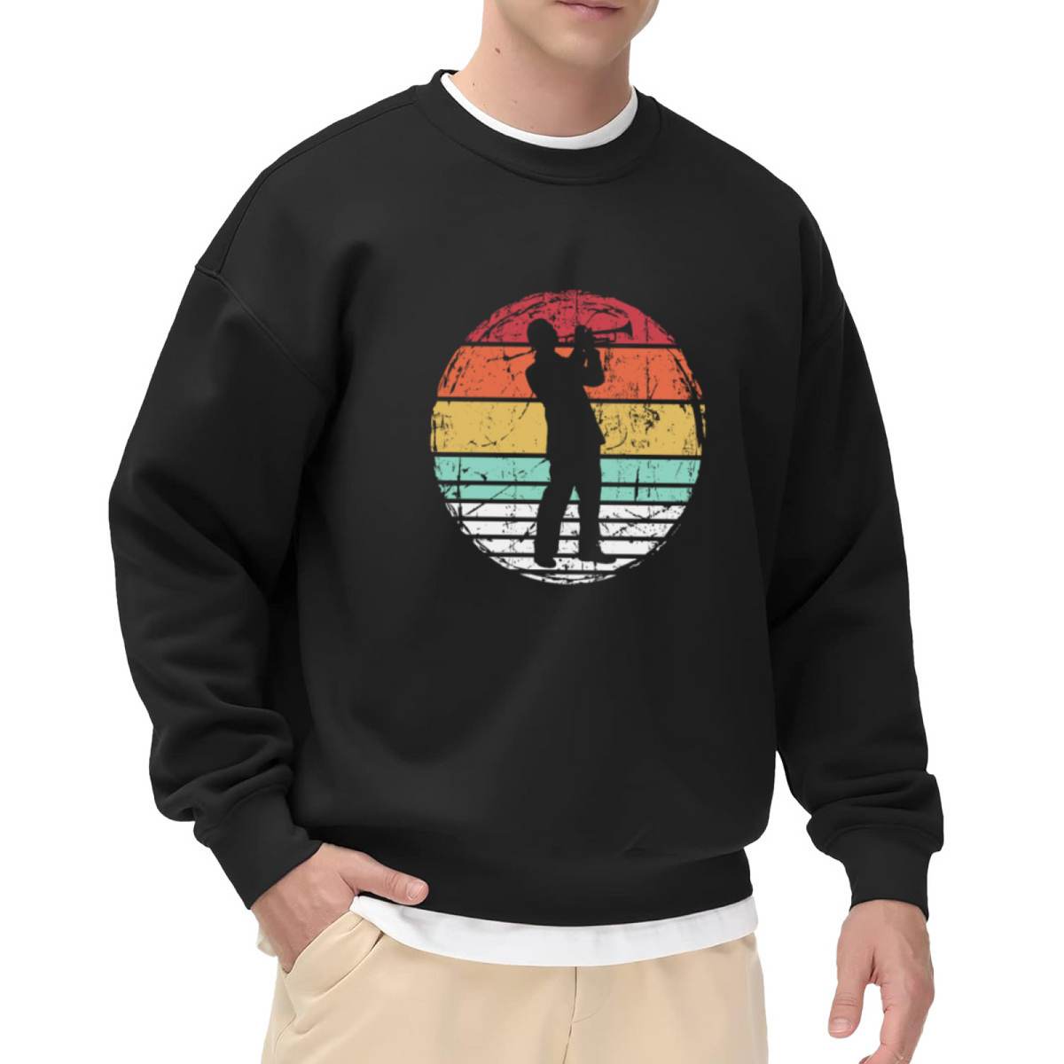 Trumpet Player Silhouette Crewneck Sweatshirt, Retro Striped Circle Pullover, Jazz Music Gift