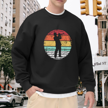Trumpet Player Silhouette Crewneck Sweatshirt, Retro Striped Circle Pullover, Jazz Music Gift