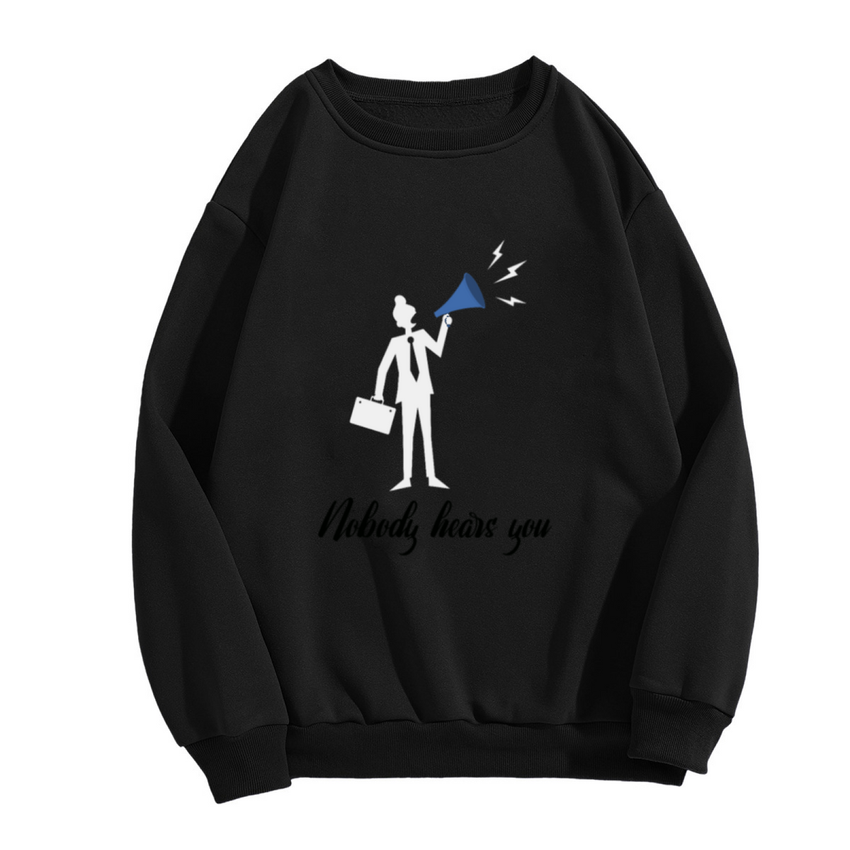 Nobody Hears You Stick Figure Megaphone Crewneck Sweatshirt | Office Irony Dark Humor Pullover, Work Gift