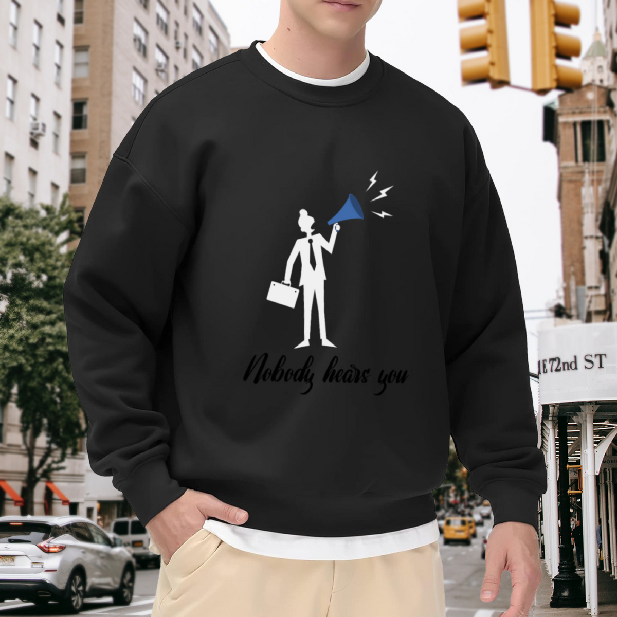 Nobody Hears You Stick Figure Megaphone Crewneck Sweatshirt | Office Irony Dark Humor Pullover, Work Gift