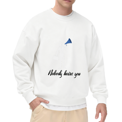 Nobody Hears You Stick Figure Megaphone Crewneck Sweatshirt | Office Irony Dark Humor Pullover, Work Gift