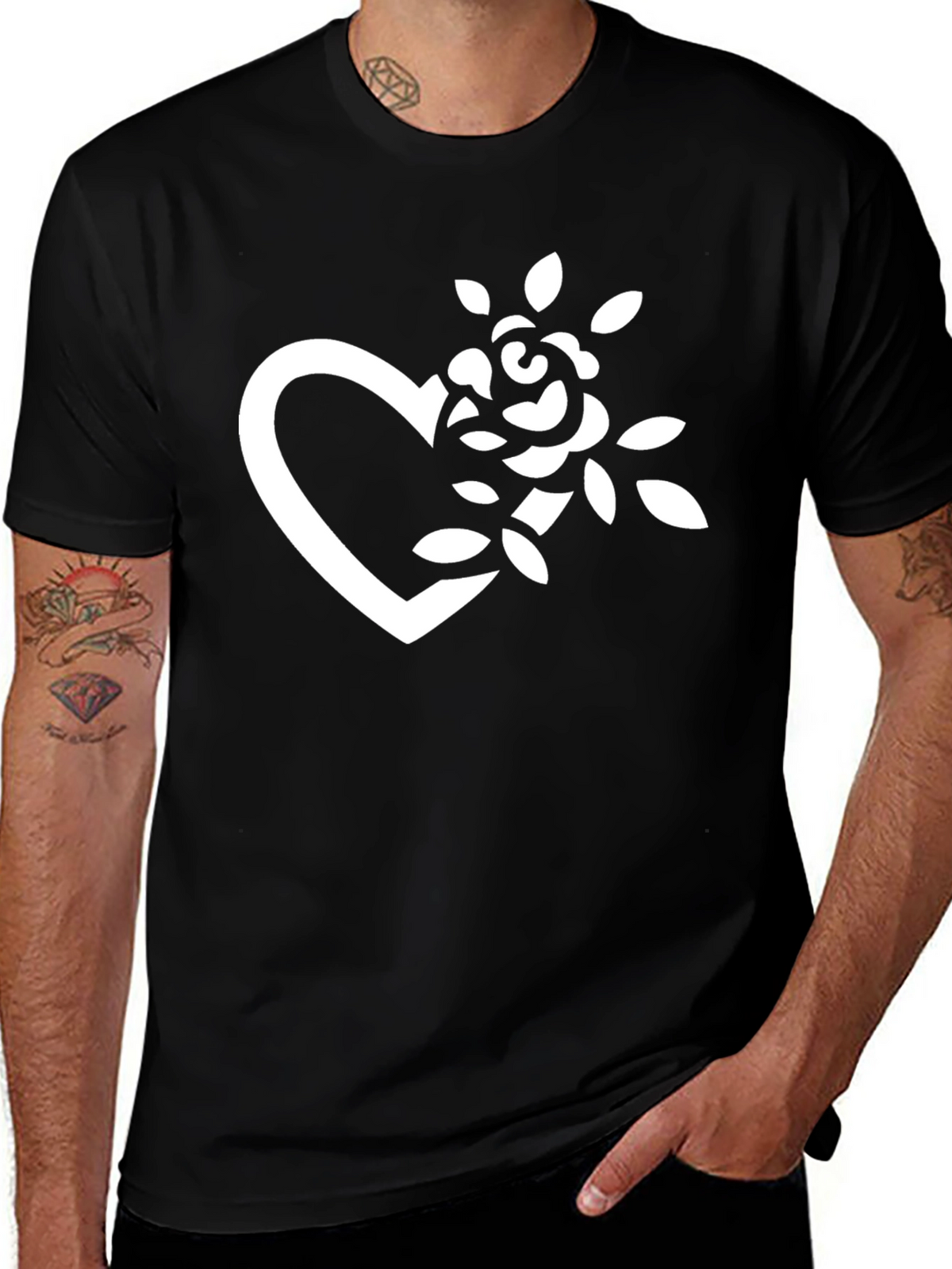 Black T-Shirt with Heart and Rose Graphic