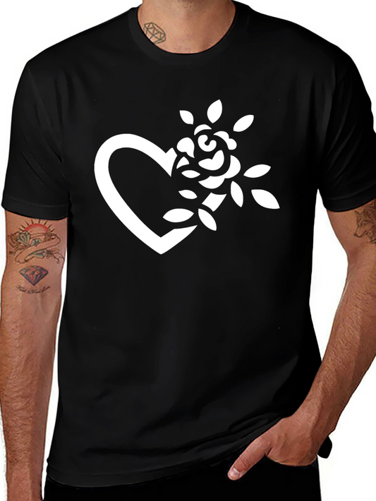 Black T-Shirt with Heart and Rose Graphic