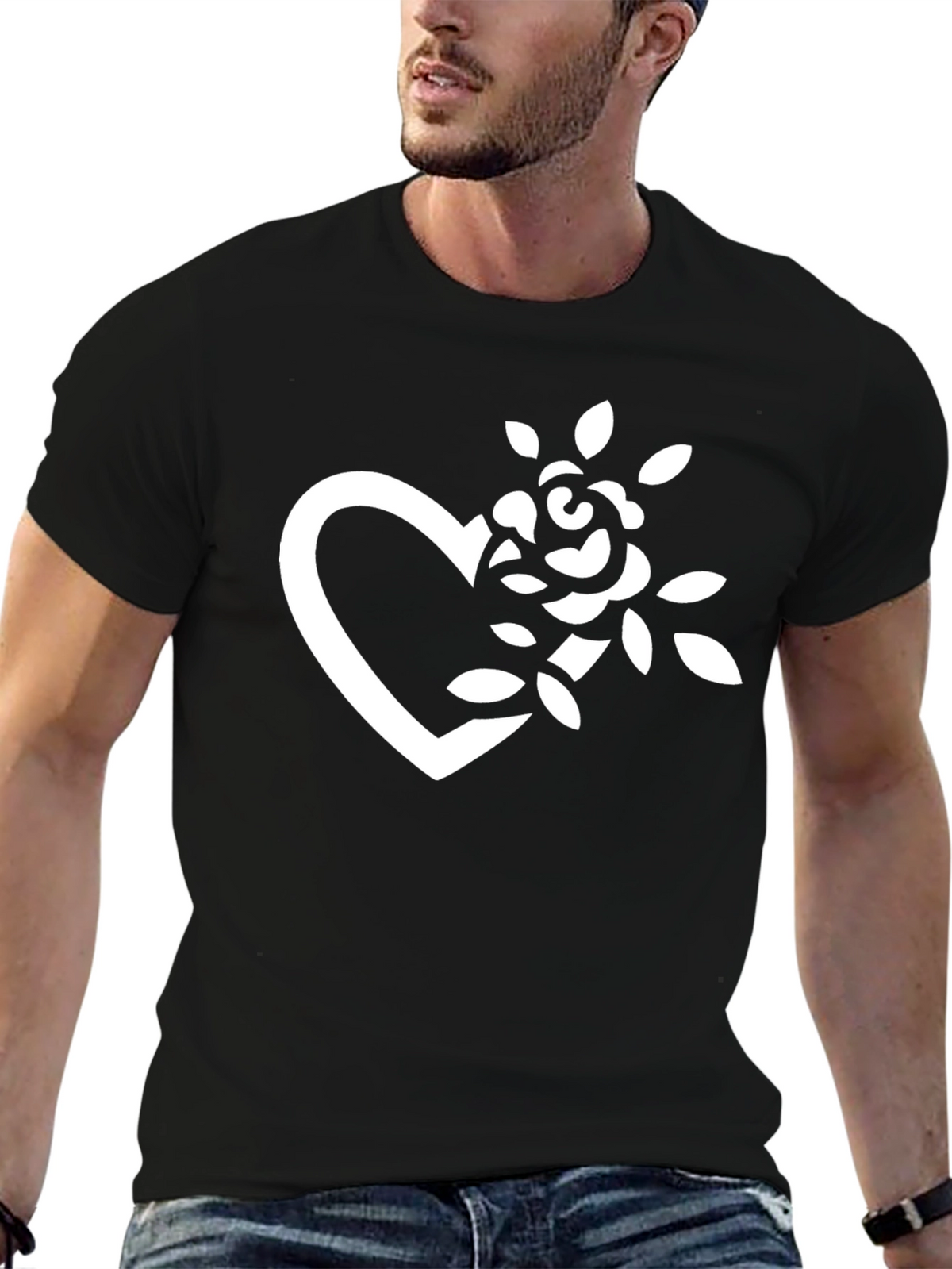 Black T-Shirt with Heart and Rose Graphic