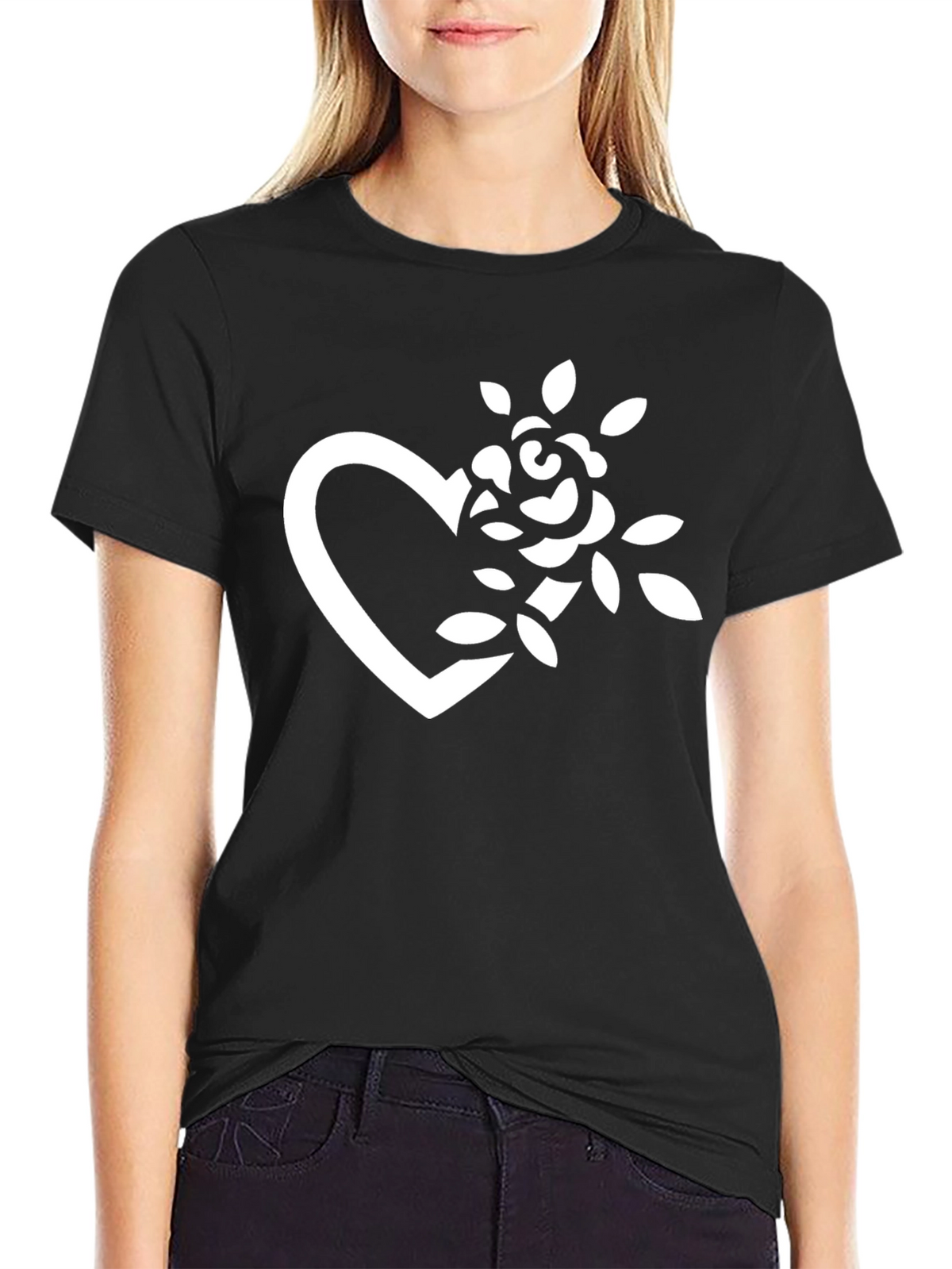 Black T-Shirt with Heart and Rose Graphic