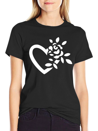 Black T-Shirt with Heart and Rose Graphic