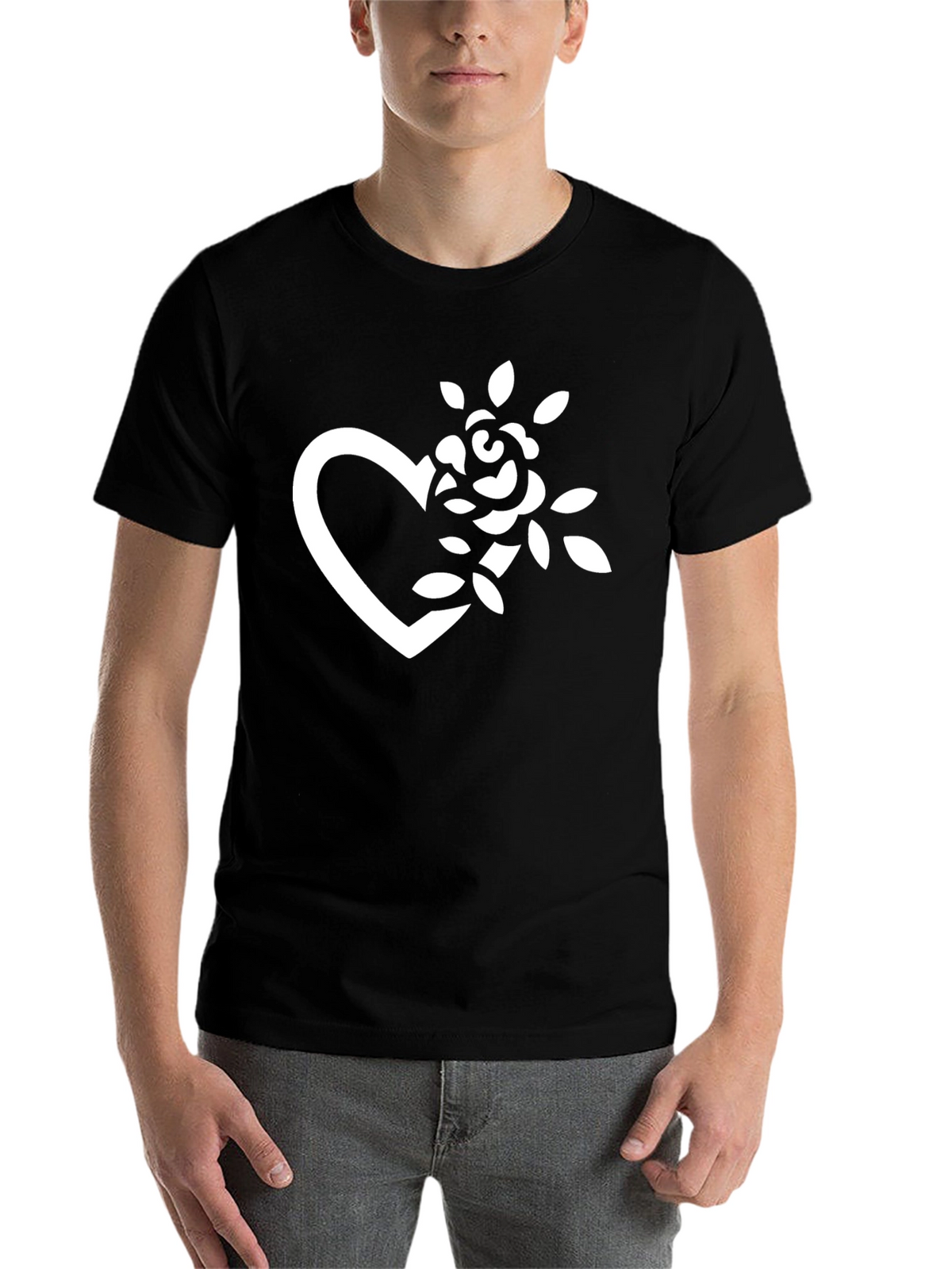 Black T-Shirt with Heart and Rose Graphic