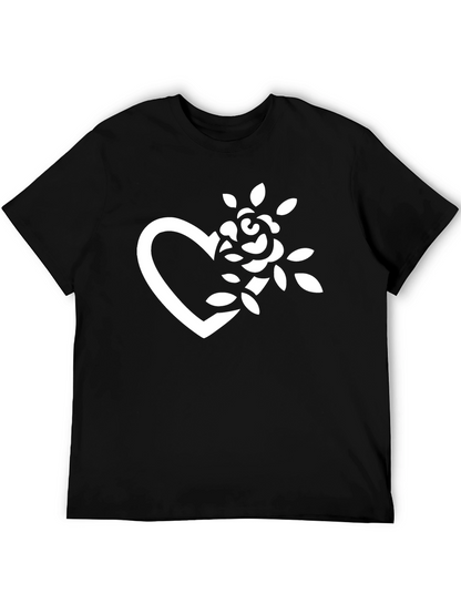 Black T-Shirt with Heart and Rose Graphic