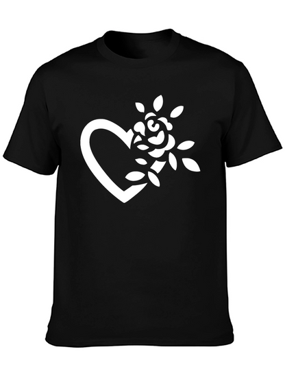Black T-Shirt with Heart and Rose Graphic
