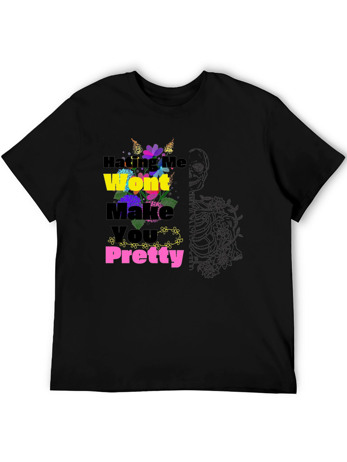 Floral Slogan Black T-Shirt