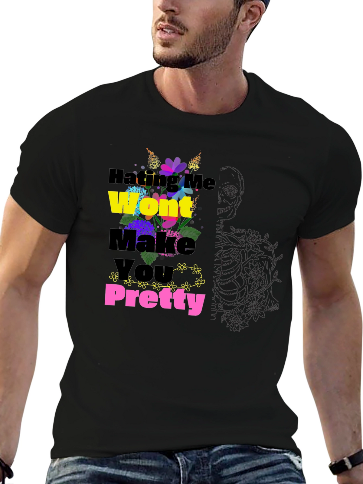 Floral Slogan Black T-Shirt
