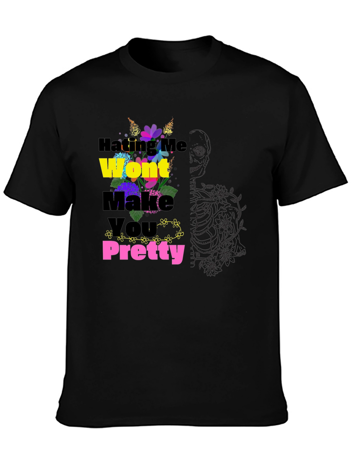 Floral Slogan Black T-Shirt