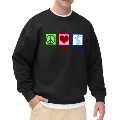 Peace Love Bunnies Crewneck Sweatshirt | Cute Rabbit Lover Pullover, Retro Icon Graphic Top, Easter Gift