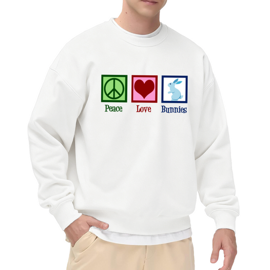 Peace Love Bunnies Crewneck Sweatshirt | Cute Rabbit Lover Pullover, Retro Icon Graphic Top, Easter Gift