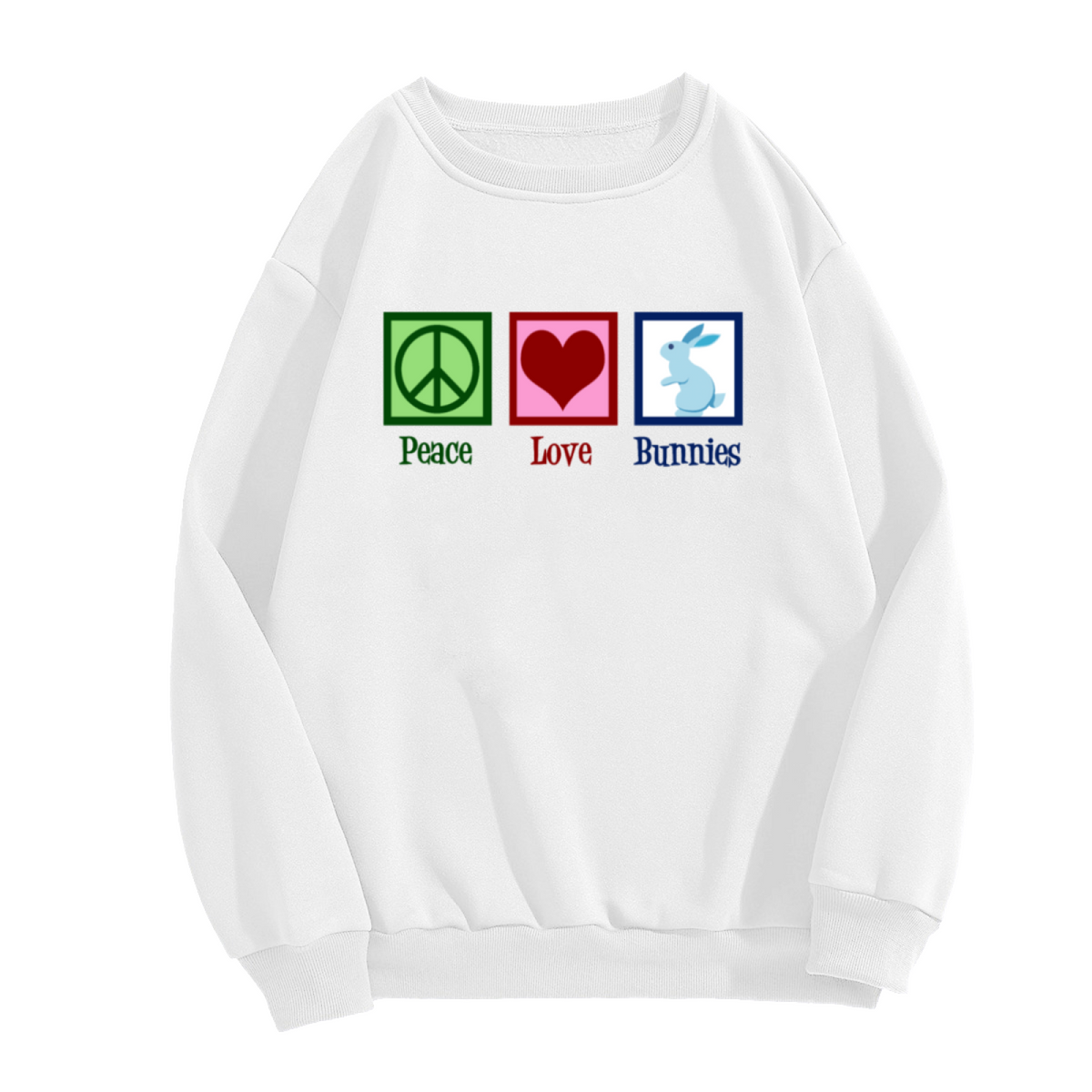 Peace Love Bunnies Crewneck Sweatshirt | Cute Rabbit Lover Pullover, Retro Icon Graphic Top, Easter Gift