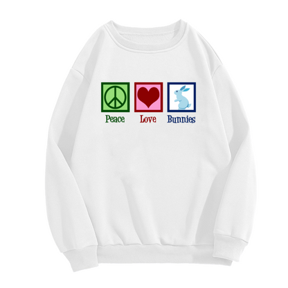 Peace Love Bunnies Crewneck Sweatshirt | Cute Rabbit Lover Pullover, Retro Icon Graphic Top, Easter Gift