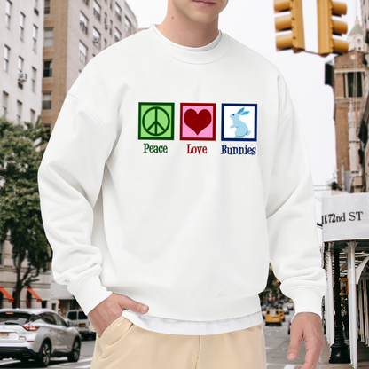 Peace Love Bunnies Crewneck Sweatshirt | Cute Rabbit Lover Pullover, Retro Icon Graphic Top, Easter Gift