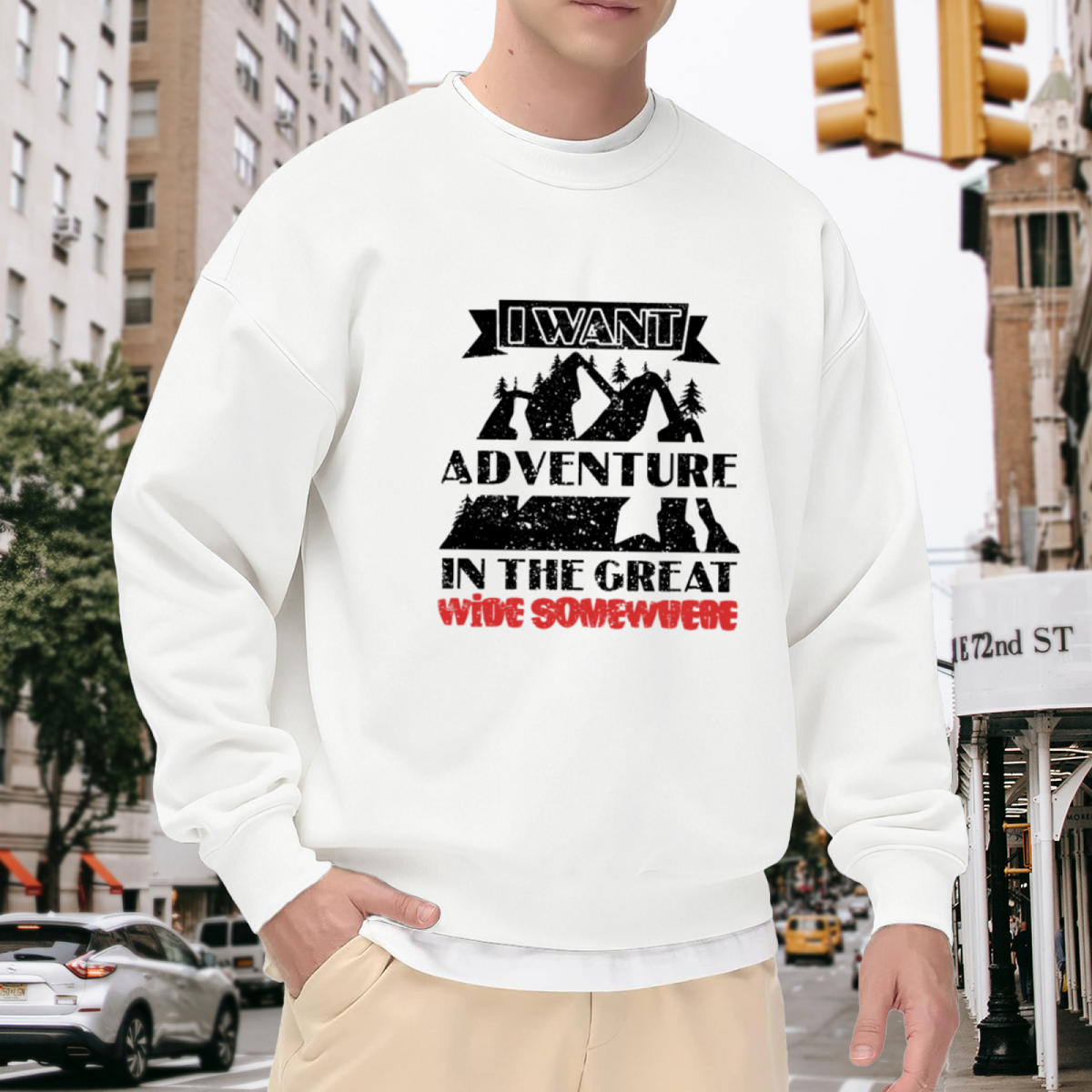 I Want Adventure In The Great Wide Somewhere Crewneck Sweatshirt - Mountain Forest Quote Pullover, Wanderlust Gift, Outdoorsy Top