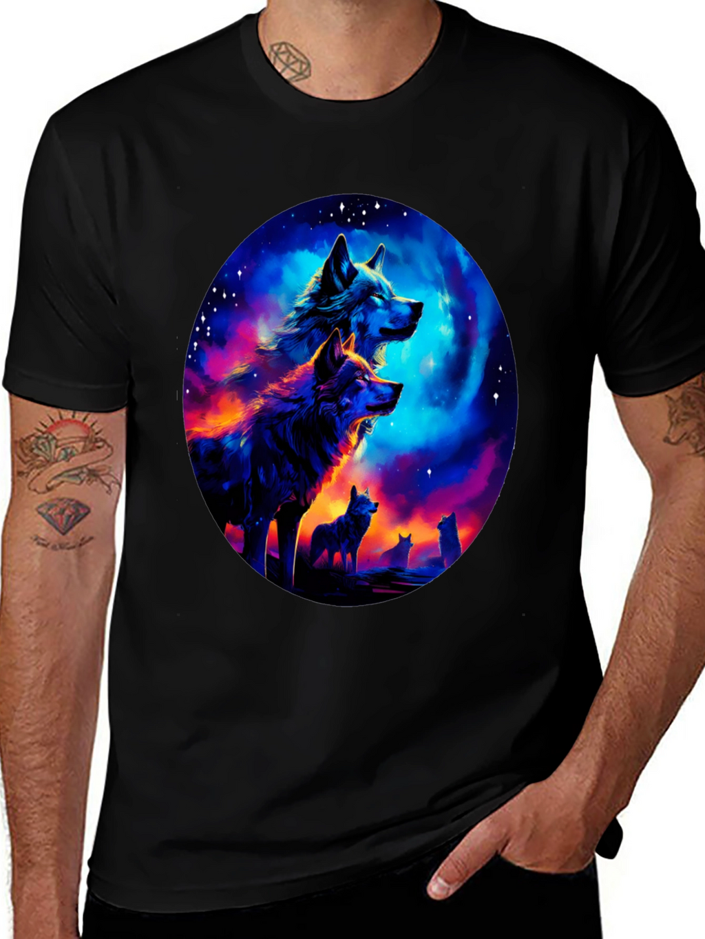 Wolf Pack Galaxy Print Black T-Shirt