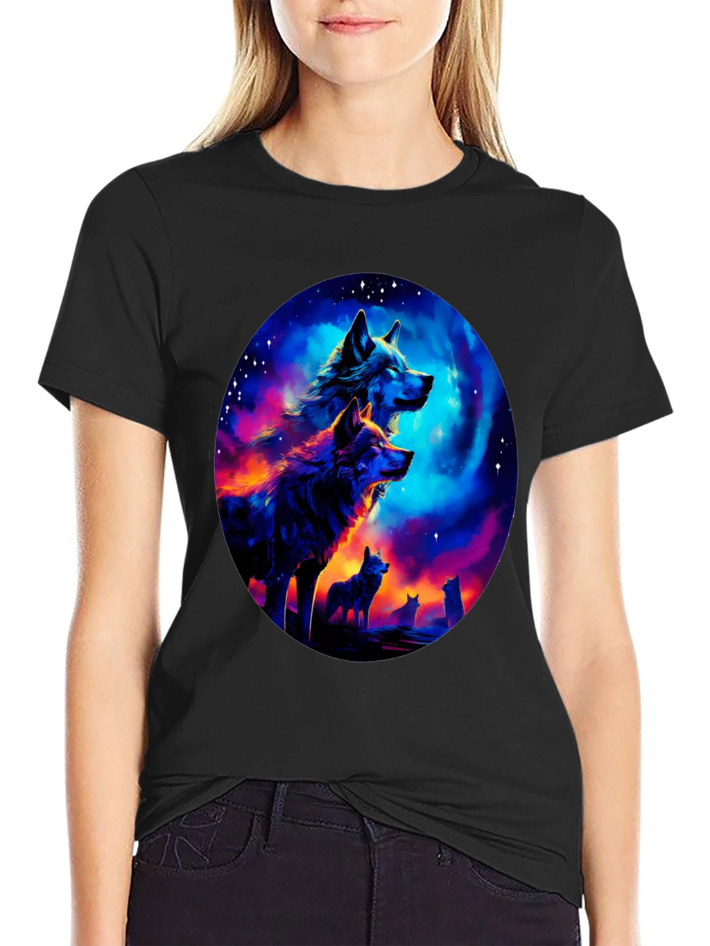 Wolf Pack Galaxy Print Black T-Shirt