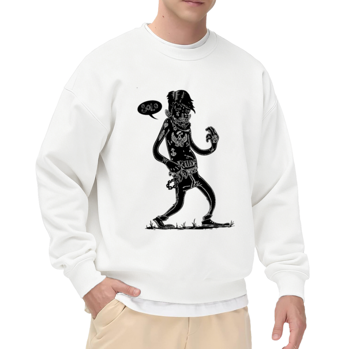 Punk ""SOLO"" Speech Bubble Illustration ""RIDE"" Belt Crewneck Sweatshirt, Monochrome Tattooed Figure Art