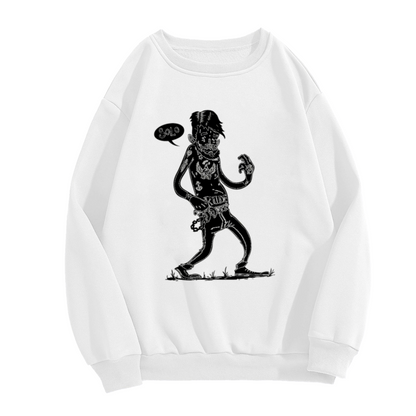 Punk ""SOLO"" Speech Bubble Illustration ""RIDE"" Belt Crewneck Sweatshirt, Monochrome Tattooed Figure Art