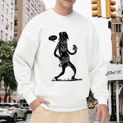 Punk ""SOLO"" Speech Bubble Illustration ""RIDE"" Belt Crewneck Sweatshirt, Monochrome Tattooed Figure Art