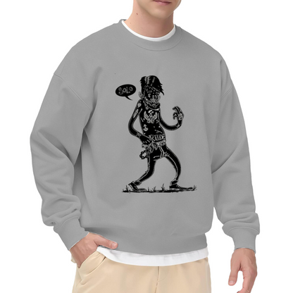 Punk ""SOLO"" Speech Bubble Illustration ""RIDE"" Belt Crewneck Sweatshirt, Monochrome Tattooed Figure Art
