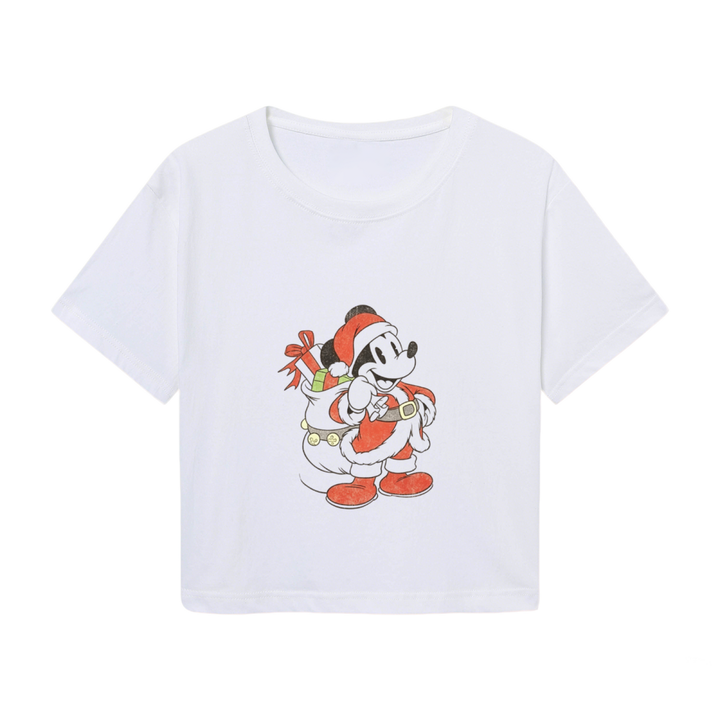 Festive Santa Mickey Christmas Print Trendy Cropped Tee