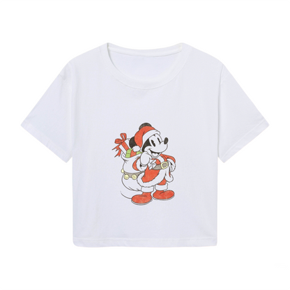 Festive Santa Mickey Christmas Print Trendy Cropped Tee