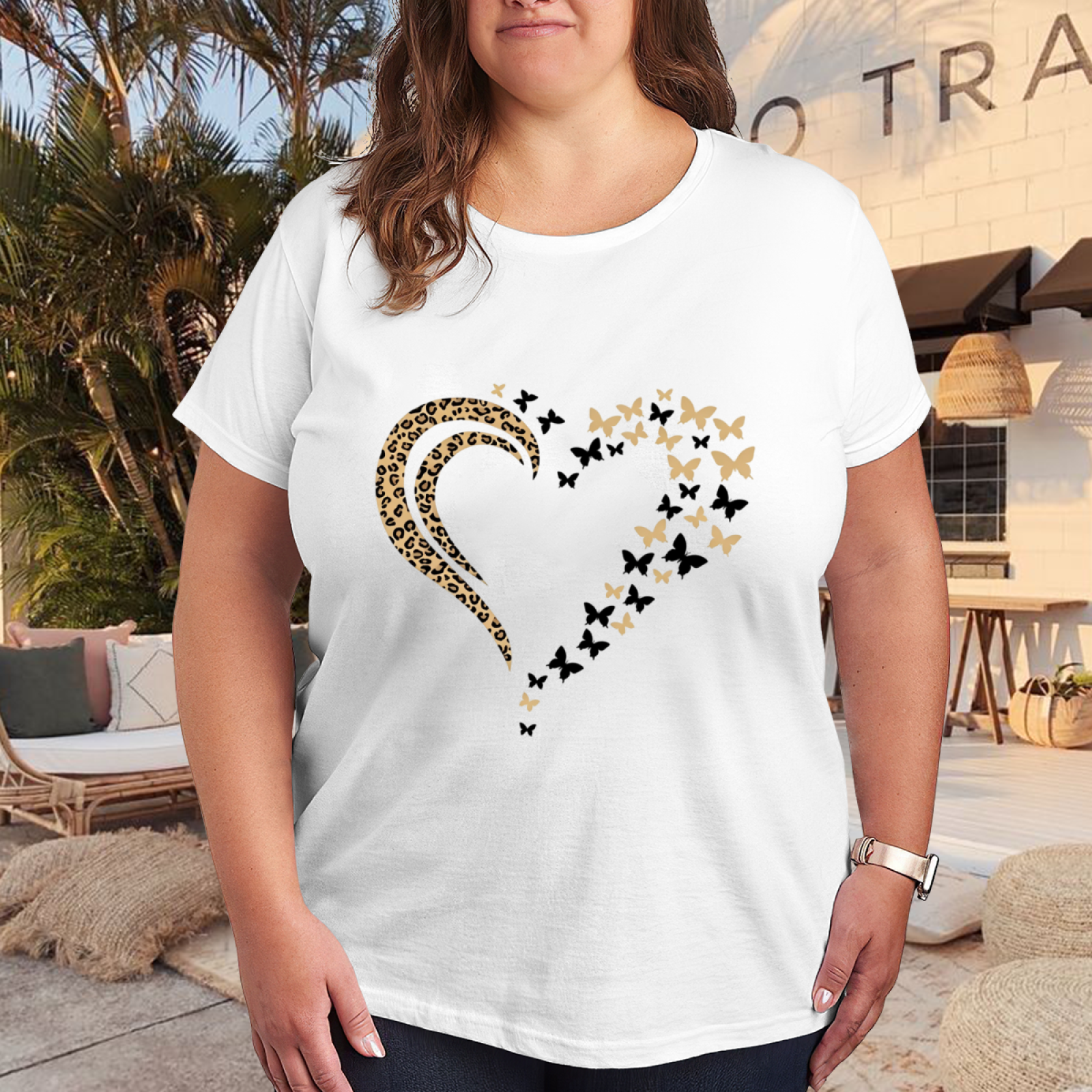 Leopard Heart Golden Butterfly Graphic White Casual Top
