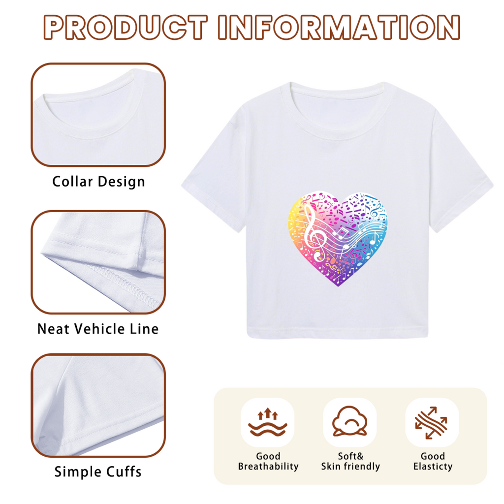 Rainbow Musical Note Heart White Crop Top ¨C Vibrant Music Lover Aesthetic Short T-Shirt