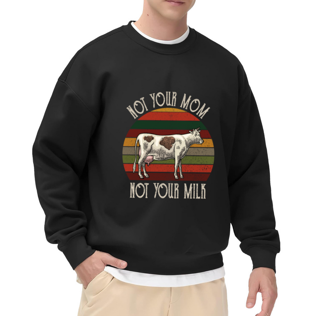 Not Your Mom Not Your Milk Vegan Cow Retro Crewneck Sweatshirt | Animal Rights Distressed Pullover, Vegan Gift