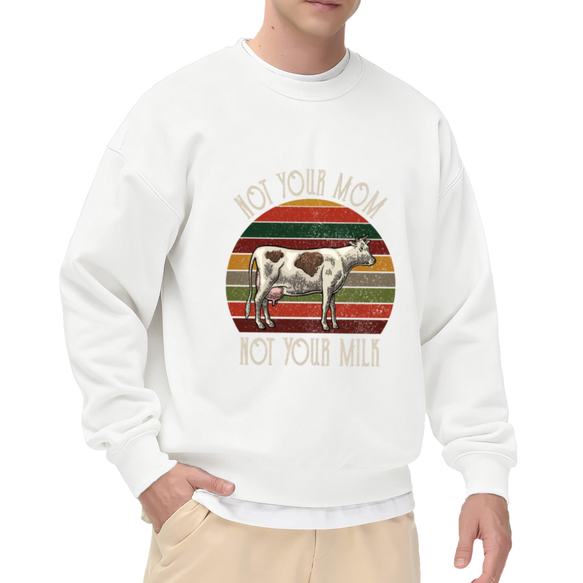 Not Your Mom Not Your Milk Vegan Cow Retro Crewneck Sweatshirt | Animal Rights Distressed Pullover, Vegan Gift