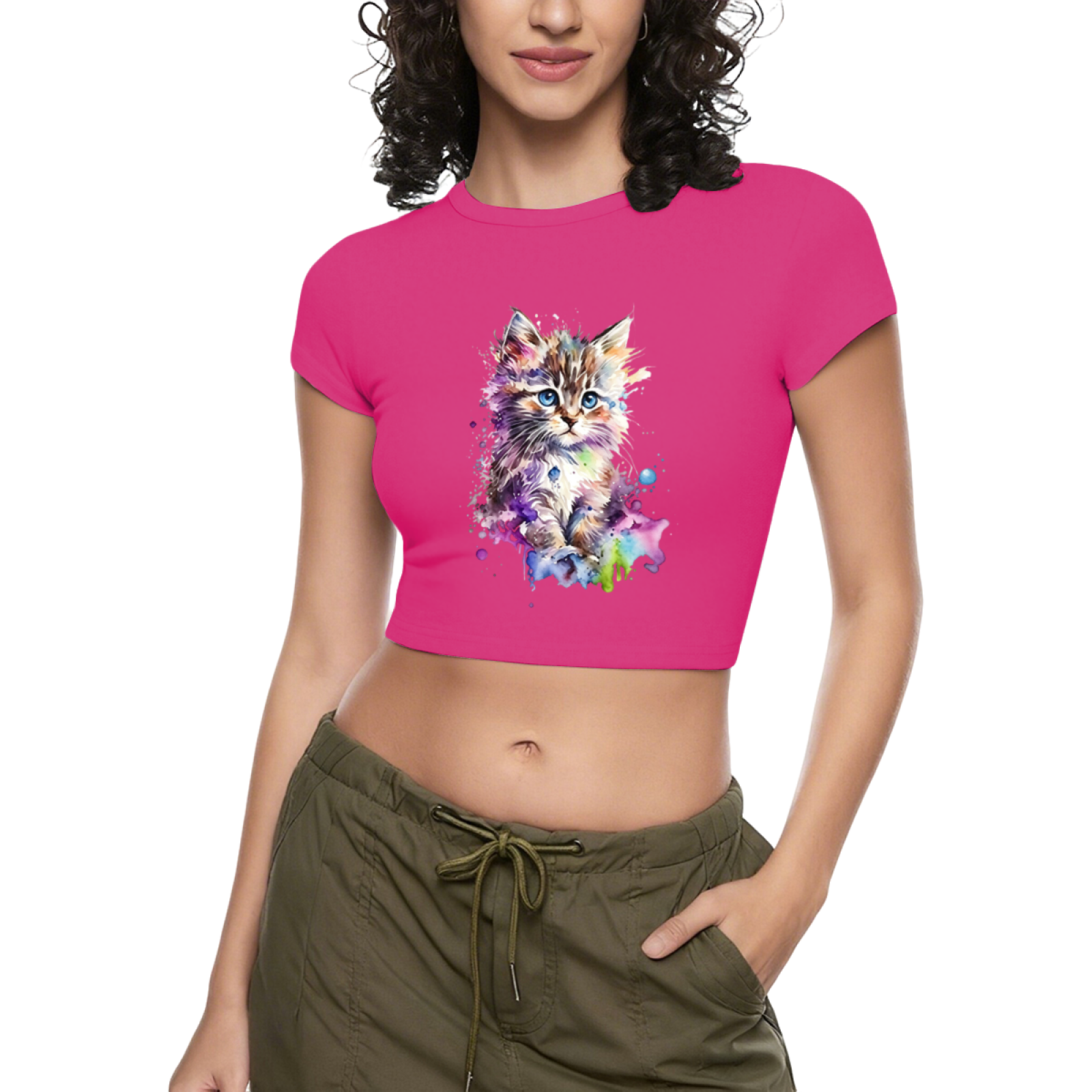 Watercolor Fluffy Kitten Hot Pink Crop Top ¨C Vibrant Rainbow Cat Graphic Baby Tee