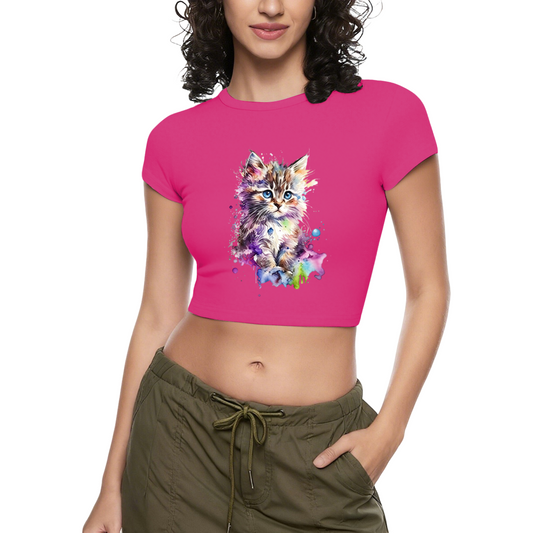 Watercolor Fluffy Kitten Hot Pink Crop Top ¨C Vibrant Rainbow Cat Graphic Baby Tee