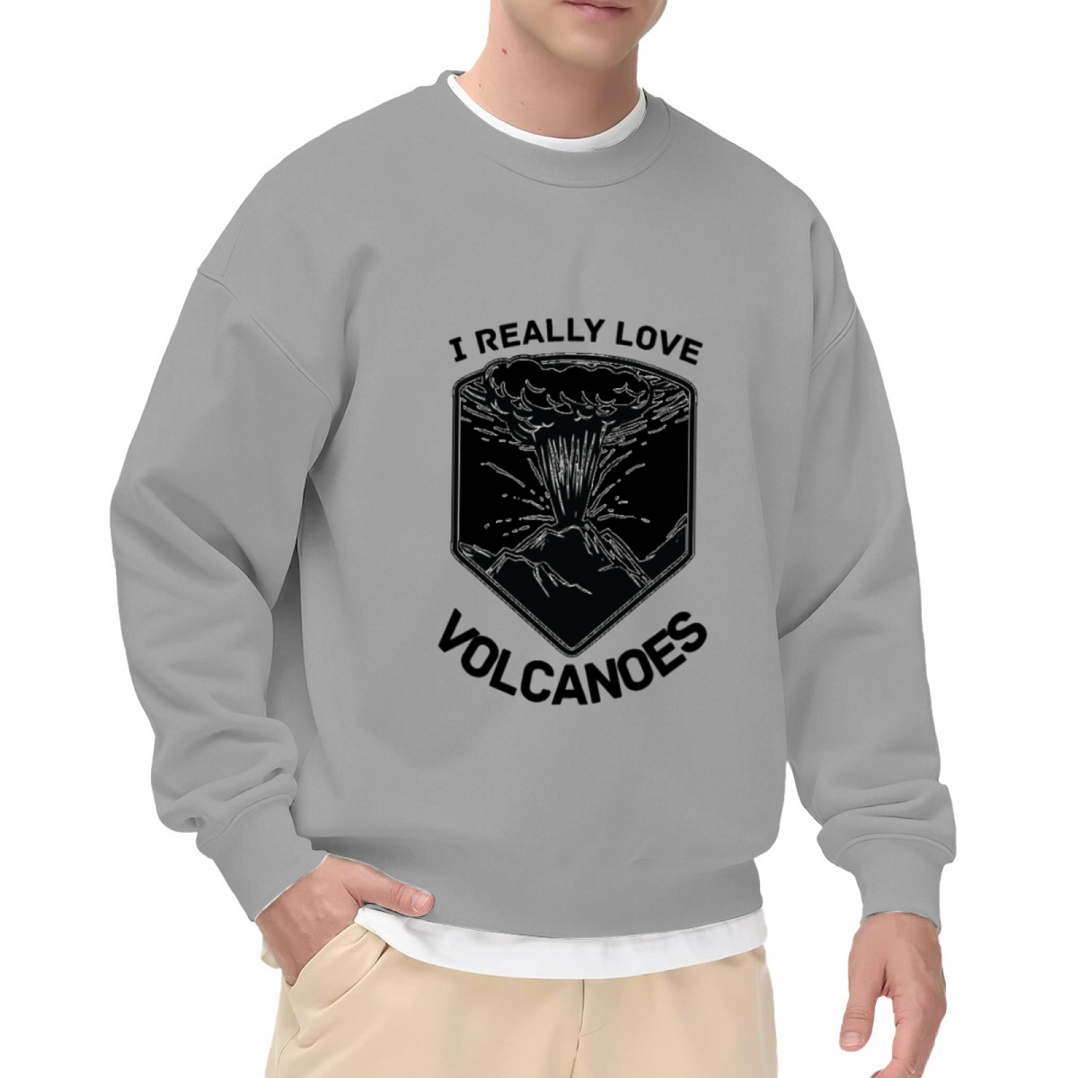 I Really Love Volcanoes Crewneck Sweatshirt - Erupting Volcano Badge Design