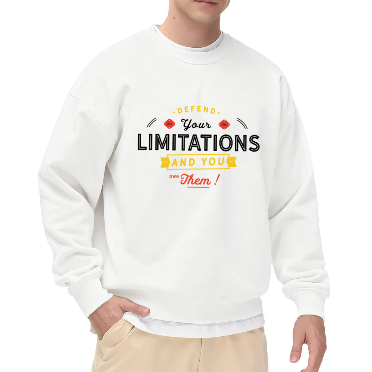 Defend Your Limitations And You Own Them Crewneck Sweatshirt | Retro Motivational Quote Pullover, Vintage Multi-Font Typography Graphic Top, Inspirational Gift