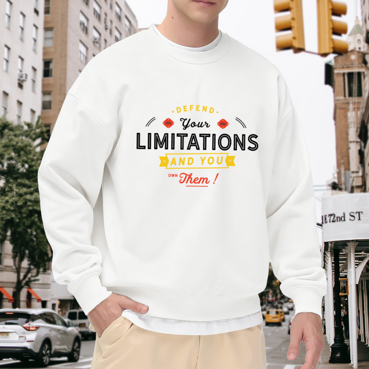 Defend Your Limitations And You Own Them Crewneck Sweatshirt | Retro Motivational Quote Pullover, Vintage Multi-Font Typography Graphic Top, Inspirational Gift