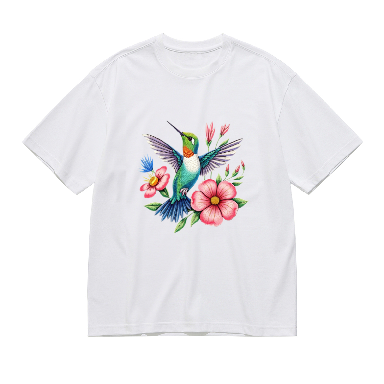 Vibrant Watercolor Hummingbird & Pink Wildflowers Nature Lover T-Shirt