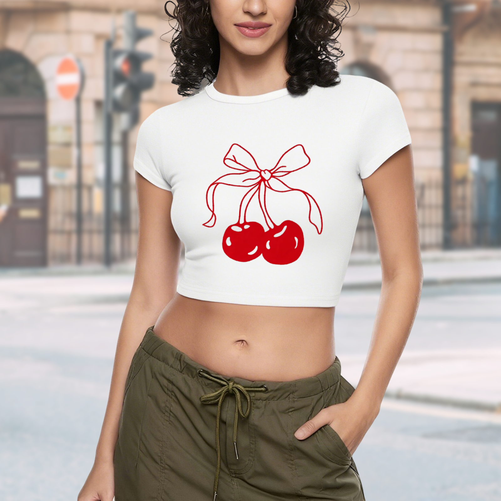 Coquette Red Bow Cherry Line Art White Crop Tee ¨C Sweet Y2K Girly Top 20.