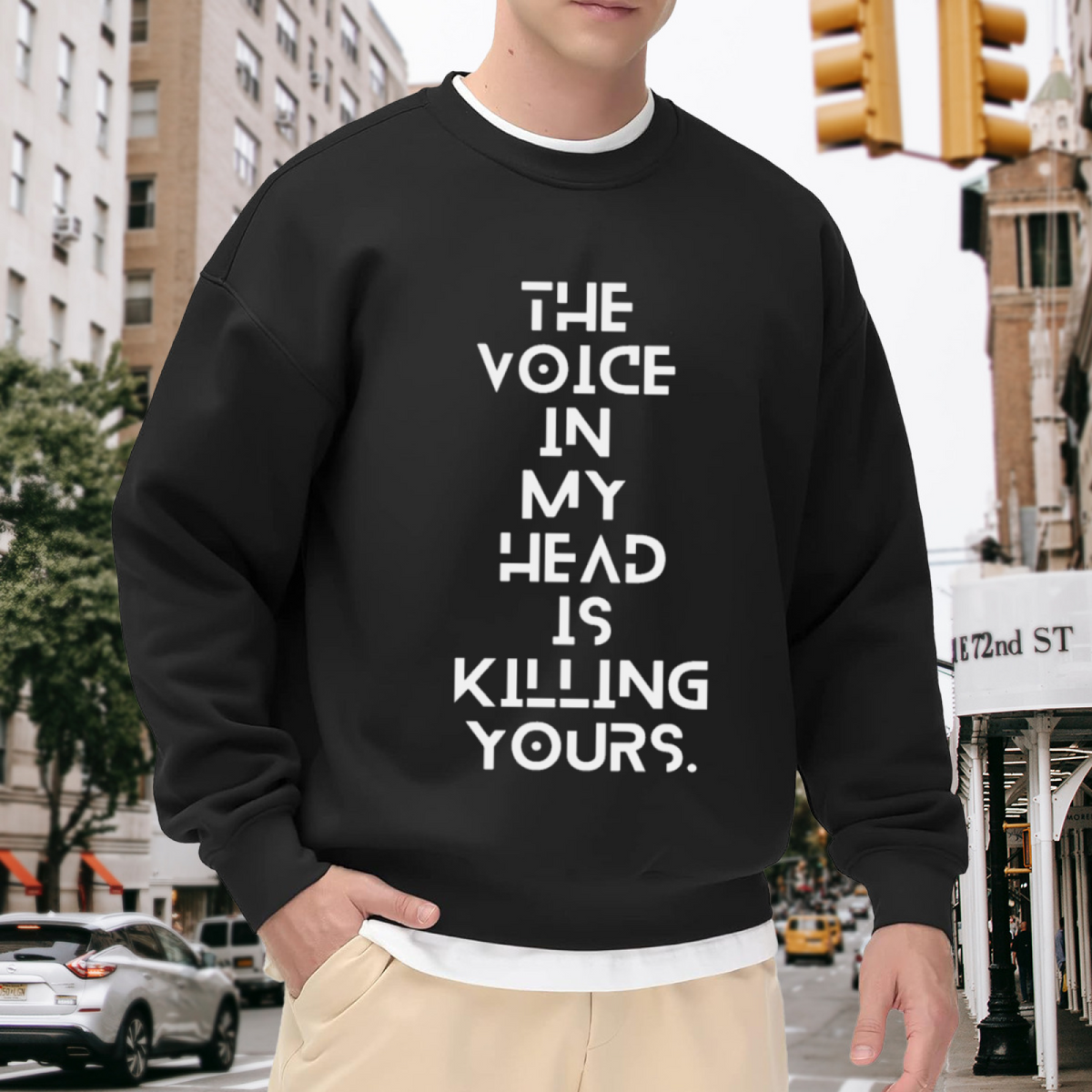 The Voice In My Head Is Killing Yours Bold Typography Crewneck Sweatshirt | Edgy Sarcastic Statement Pullover, Dark Humor Top