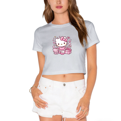 Sporty Hello Kitty Number 32 White Crop Top Cute Y2K Short Sleeve Top