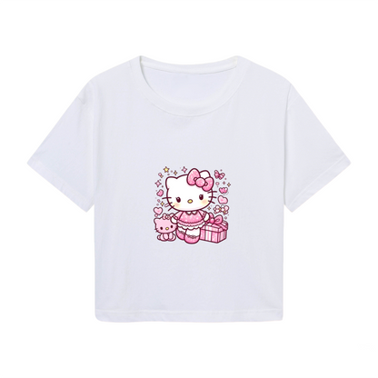 Sporty Hello Kitty Number 32 White Crop Top Cute Y2K Short Sleeve Top