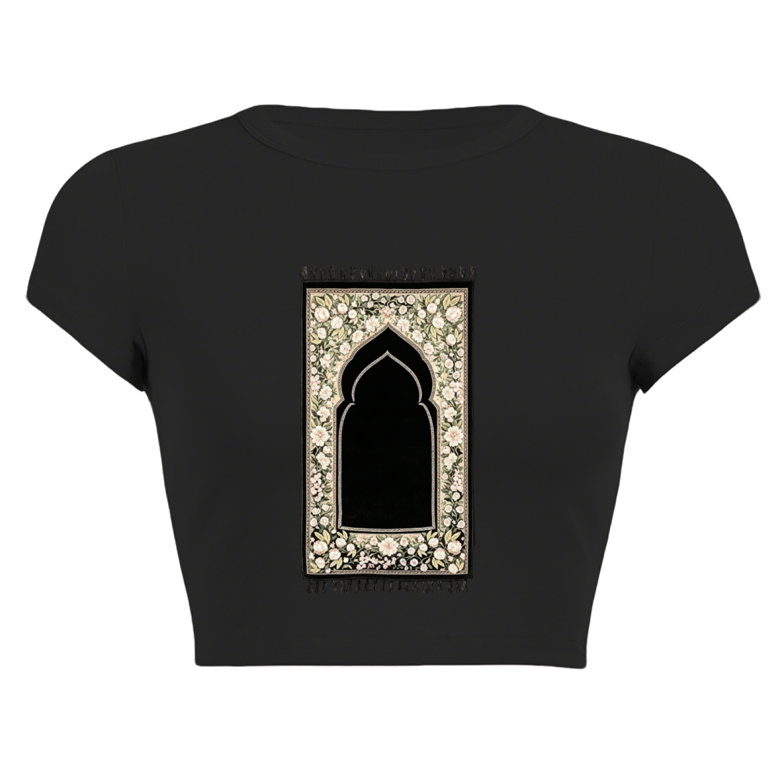 Floral Prayer Rug Islamic Art Black Minimal Crop Top