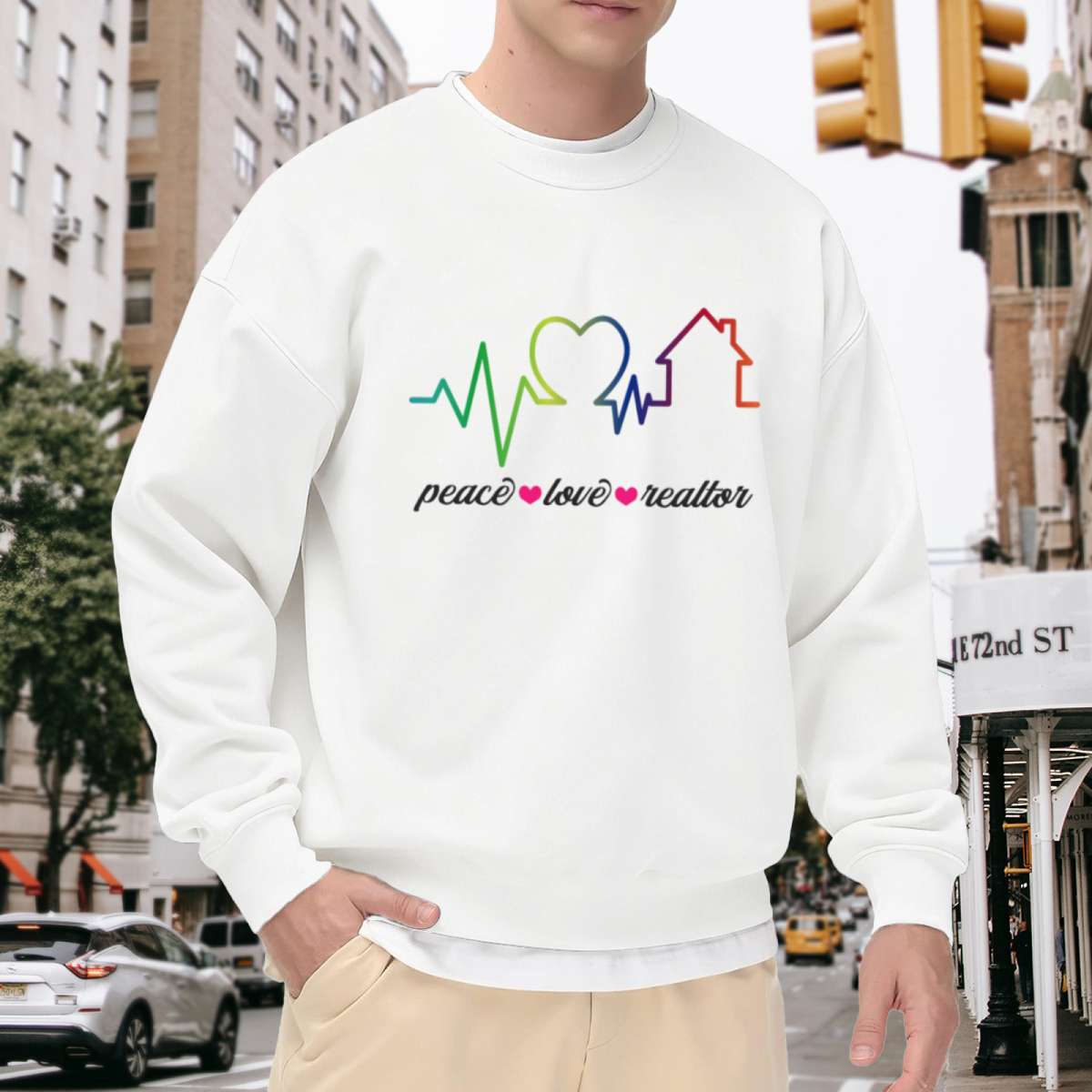 Peace Love Realtor Crewneck Sweatshirt - Rainbow EKG House Graphic, Real Estate Agent Gift Pullover