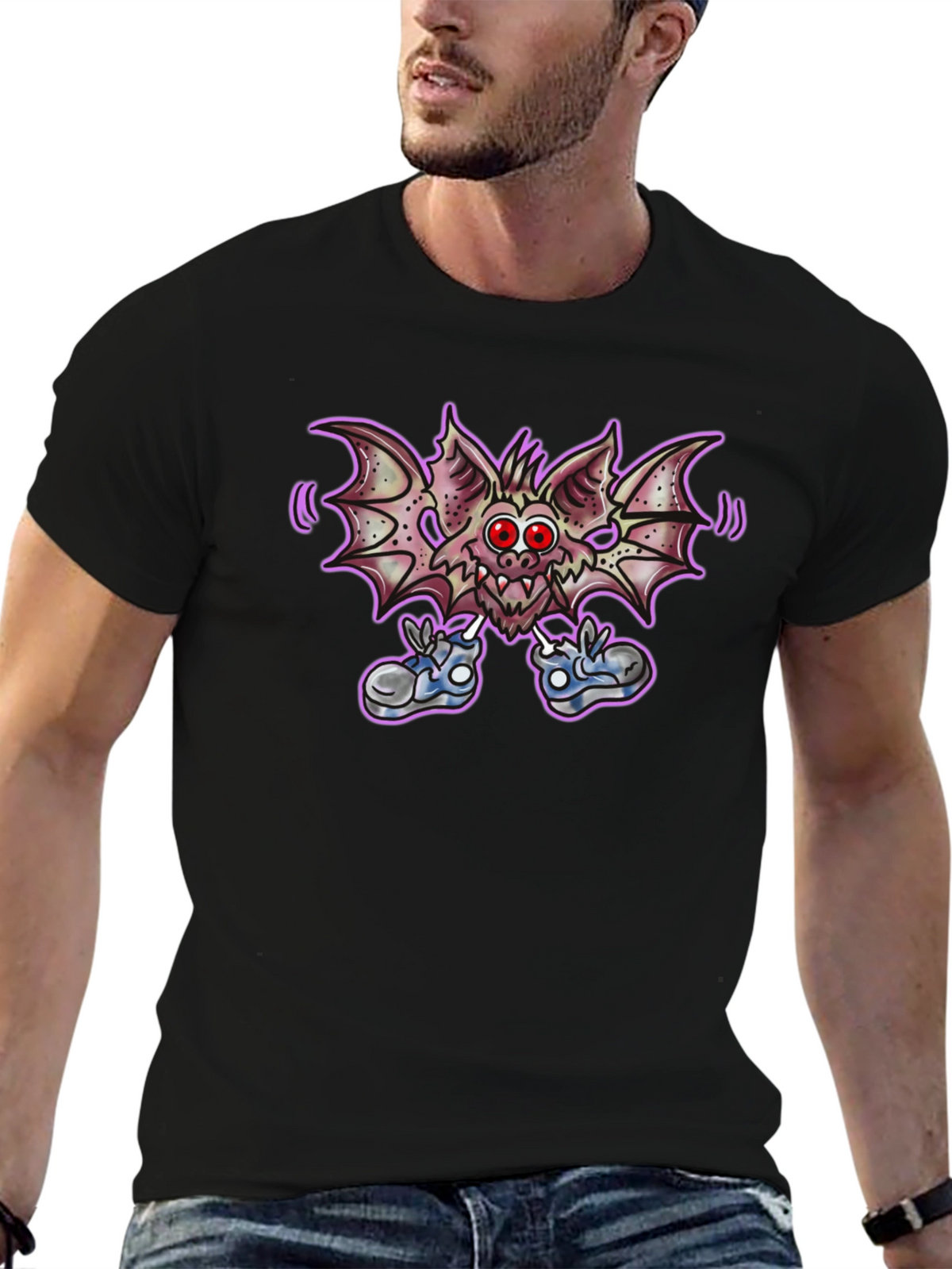 Cartoon Bat Graphic Tee - Funky Black T-Shirt