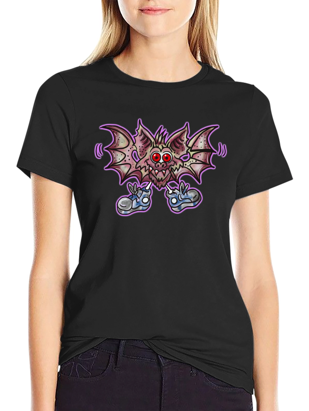 Cartoon Bat Graphic Tee - Funky Black T-Shirt