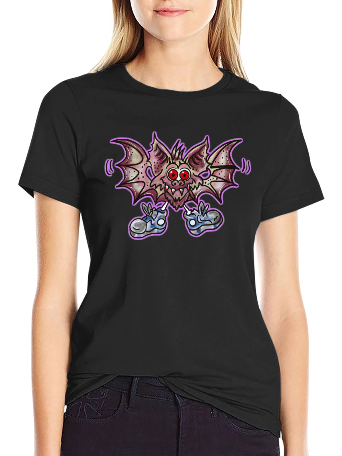 Cartoon Bat Graphic Tee - Funky Black T-Shirt